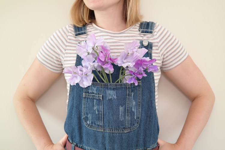 Flower grower/farmer in dungarees with sweetpeas filling the front chest pocket.