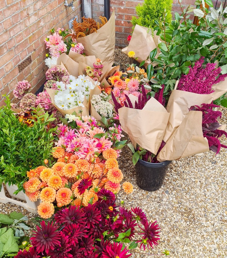 Buckets of mixed flowers from british flower farmer in oranges, reds, pinks, and autumnal colours. Lots of Dahlias.