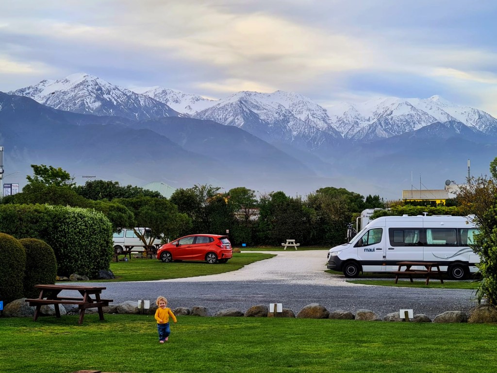 scenic shot of the mountains in  Kaikoura, New Zealand, from the campsite.