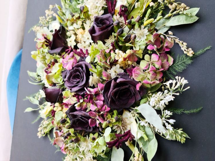 Dried Bridal Bouquet in white and red with roses and hydrangeas