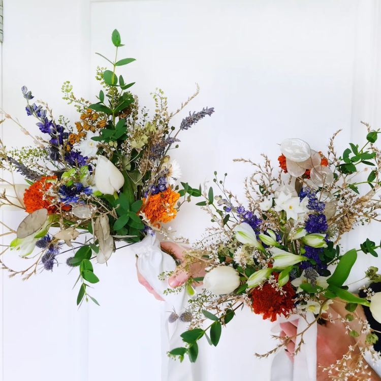Bridesmaids bouquets with fresh and dried British flowers