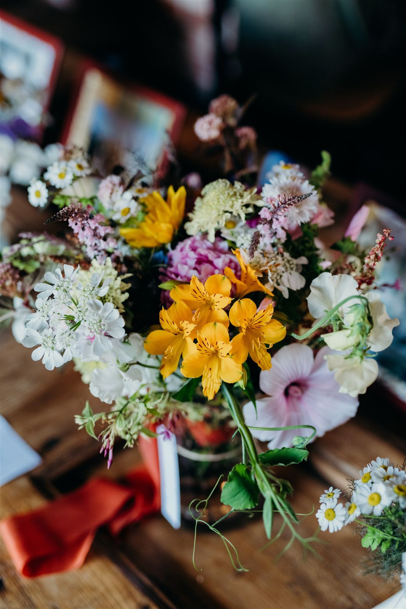 British flower bridal bouquet in sunset colours