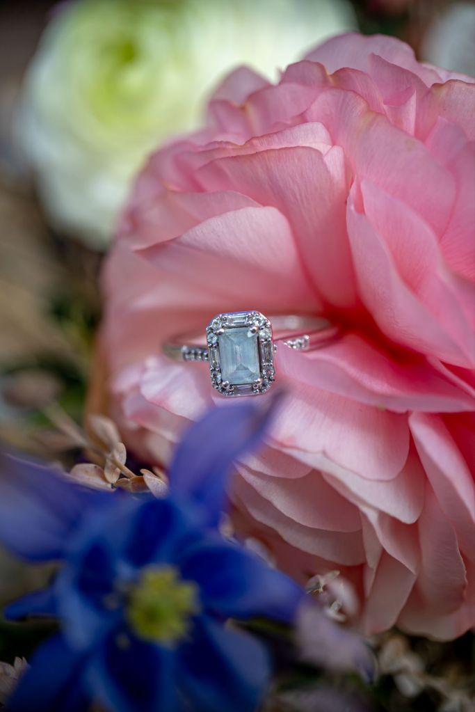 Bridal engagement ring in the petals of a pink ranunculus for a spring wedding at Widbrook Grange, Bradford on Avon - photo by Sophie TC Photography