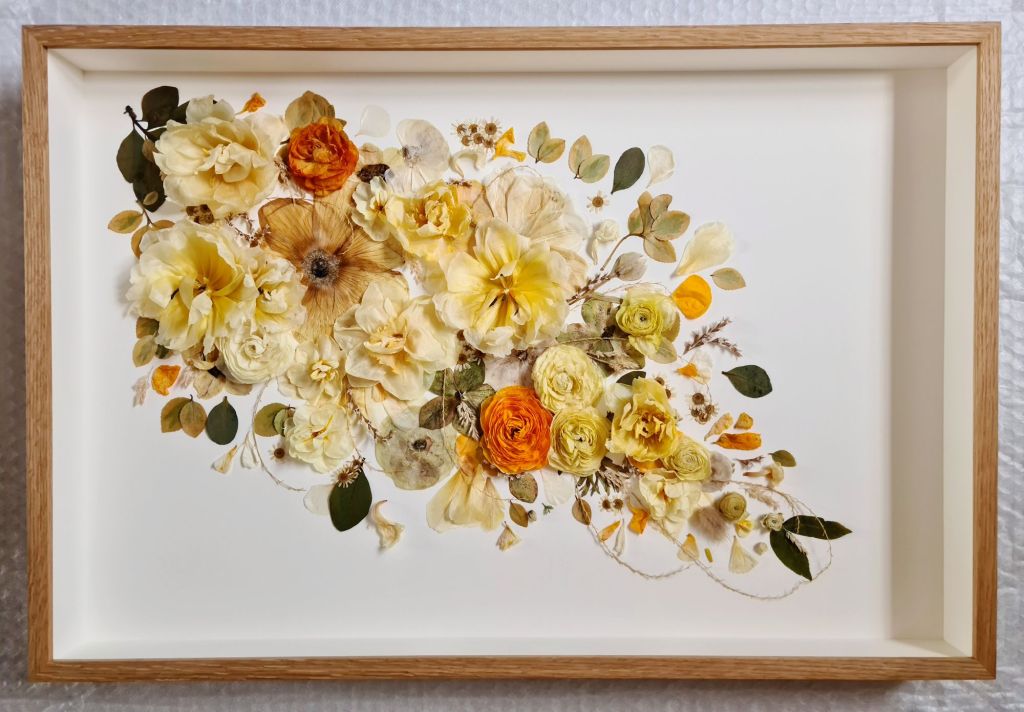 Pressed and dried bridal bouquet, teardrop/cascading style. Somerset.