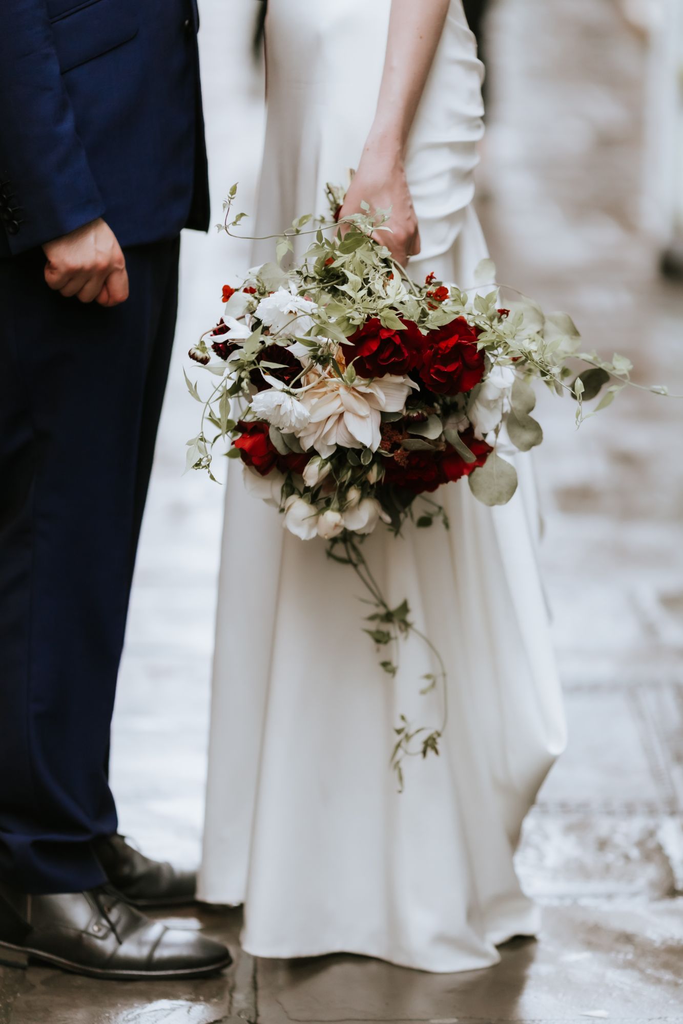 Red and white bridal bouquet, Christmas colours, tonal bouquet. Flowers by The Honey Seeker Floral Deisgn, image by Shannon Suffern. Bath Uk