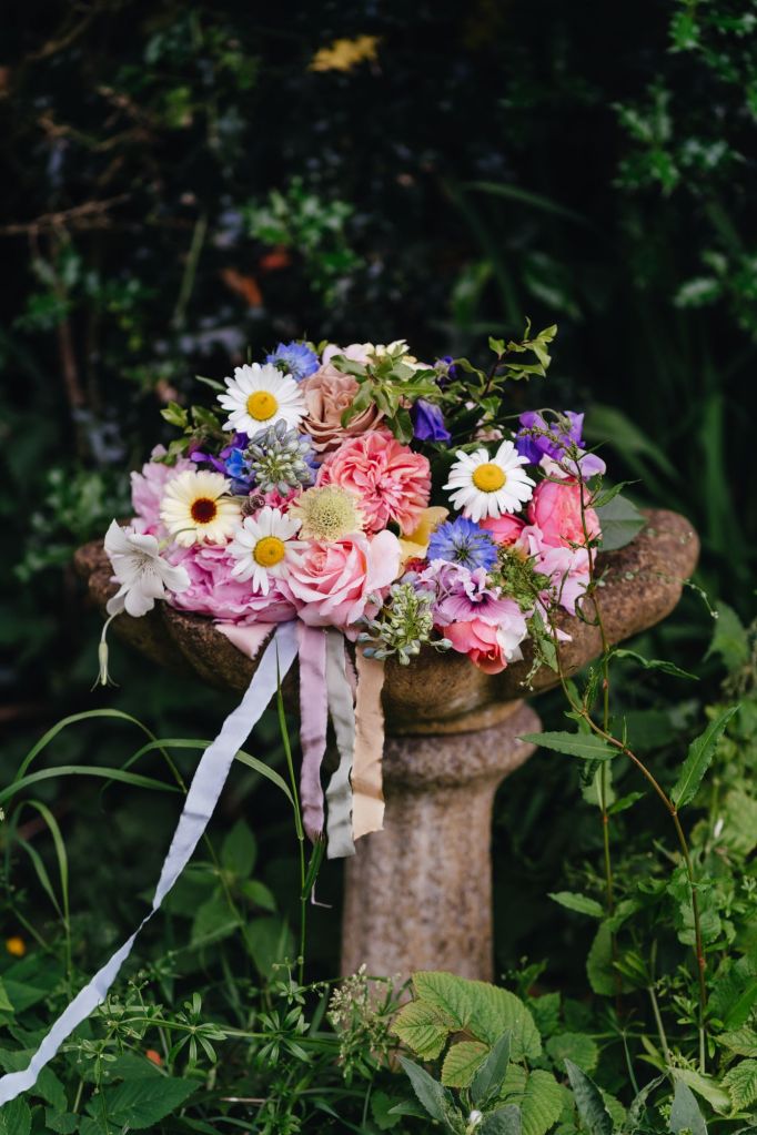 Tonal bridal bouquet at Pennard Hill Farm wedding venue near Glastonbury Festival in Somerset, flowers by The Honey Seeker Floral Design