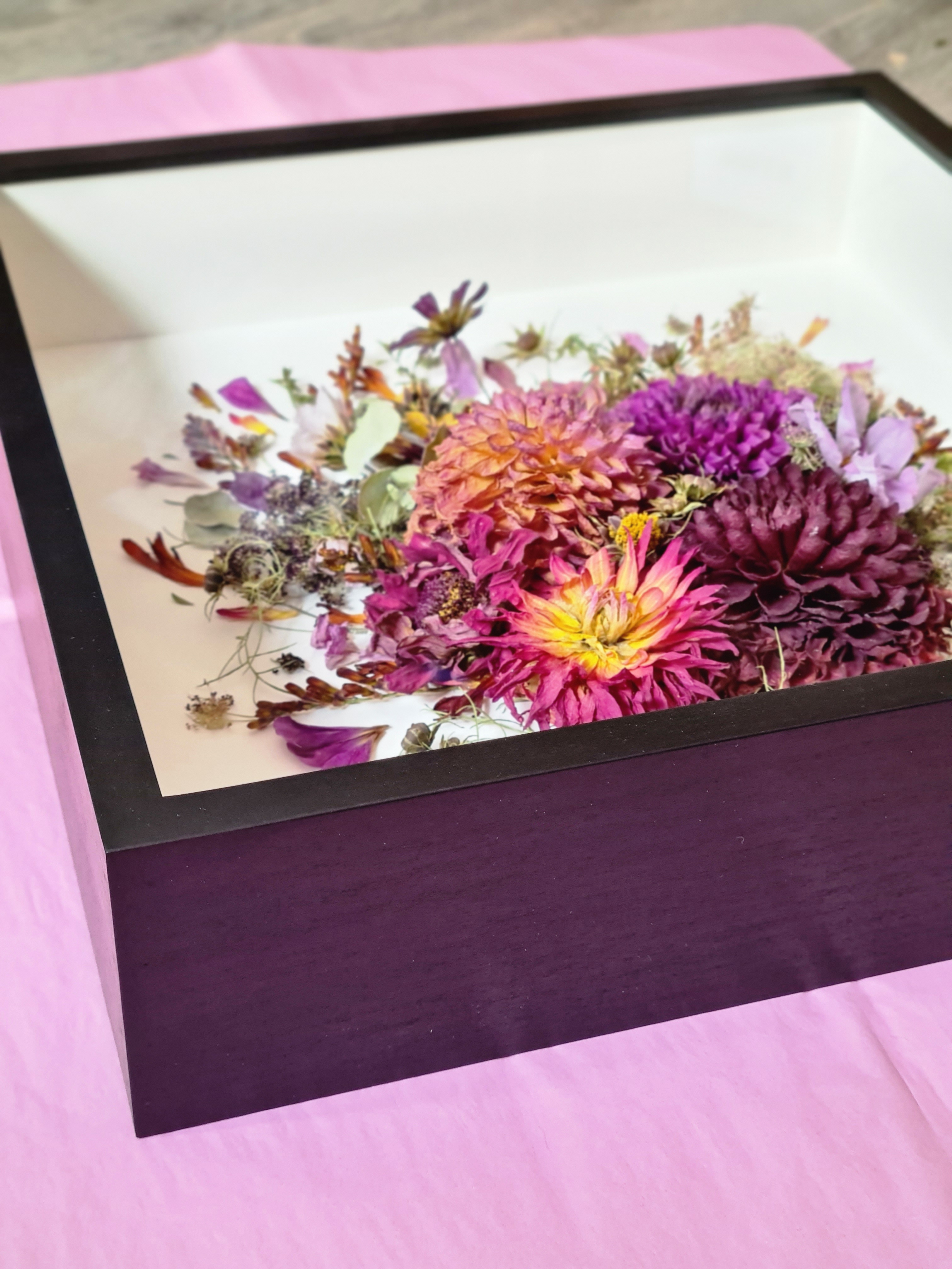 Flower preservation frame, 3D and pressed wedding flowers in a bespoke frame, made by The Honey Seeker Floral Design in Somerset, UK