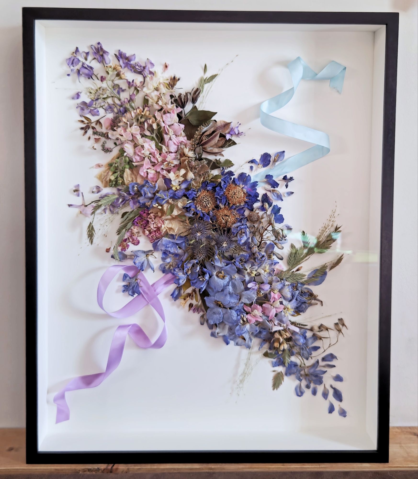 Flower preservation frame, 3D and pressed wedding flowers in a bespoke frame, made by The Honey Seeker Floral Design in Somerset, UK