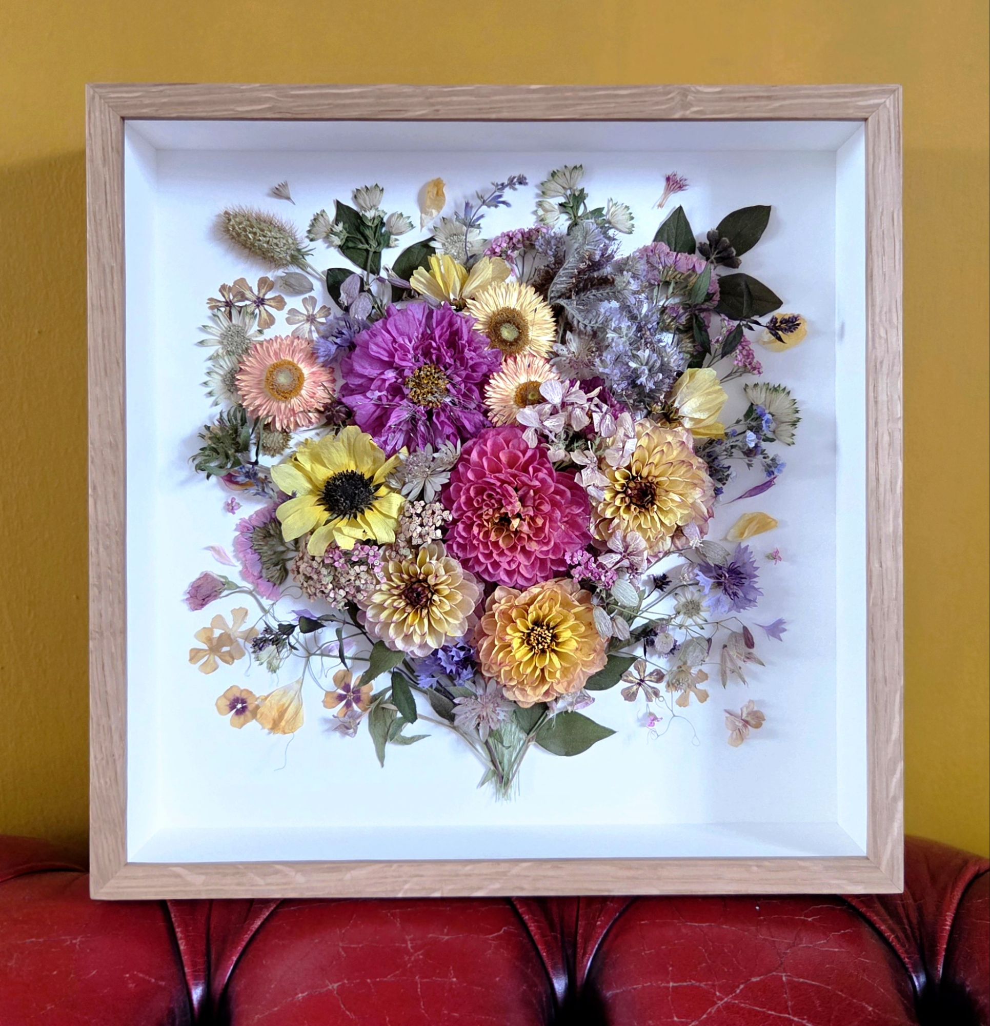 Flower preservation frame, 3D and pressed wedding flowers in a bespoke frame, made by The Honey Seeker Floral Design in Somerset, UK