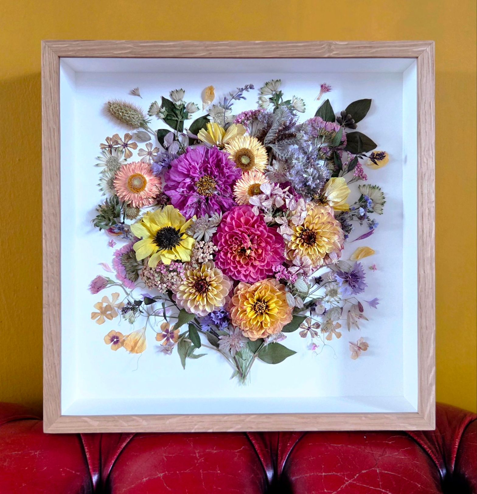 Flower preservation frame, 3D and pressed wedding flowers in a bespoke frame, made by The Honey Seeker Floral Design in Somerset, UK