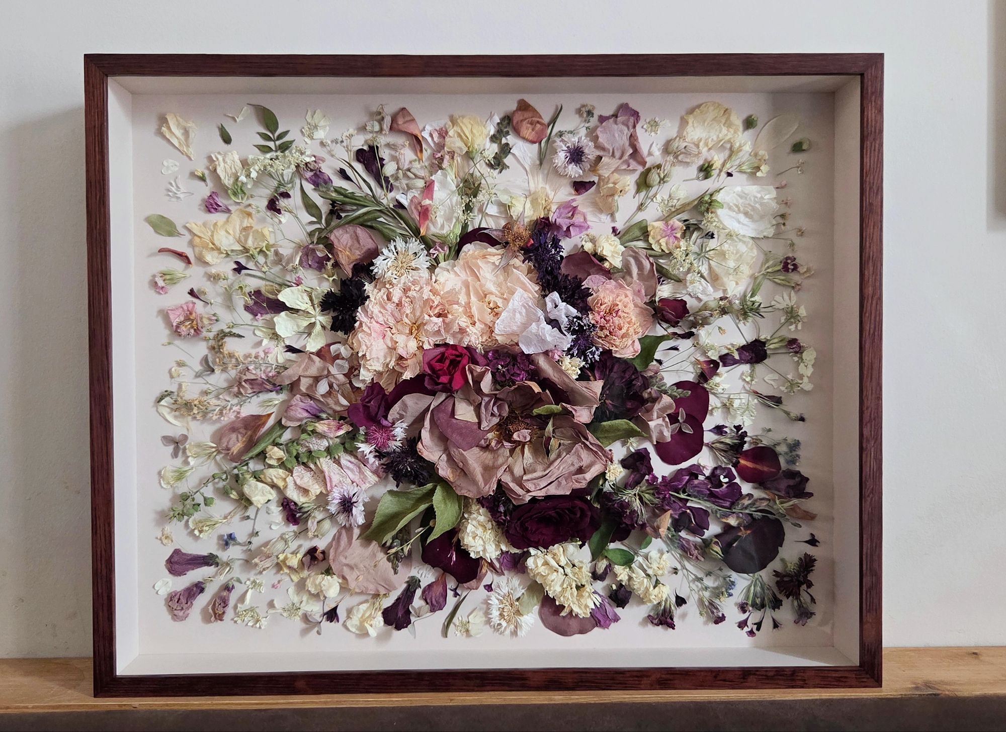 Flower preservation frame, 3D and pressed wedding flowers in a bespoke frame, made by The Honey Seeker Floral Design in Somerset, UK
