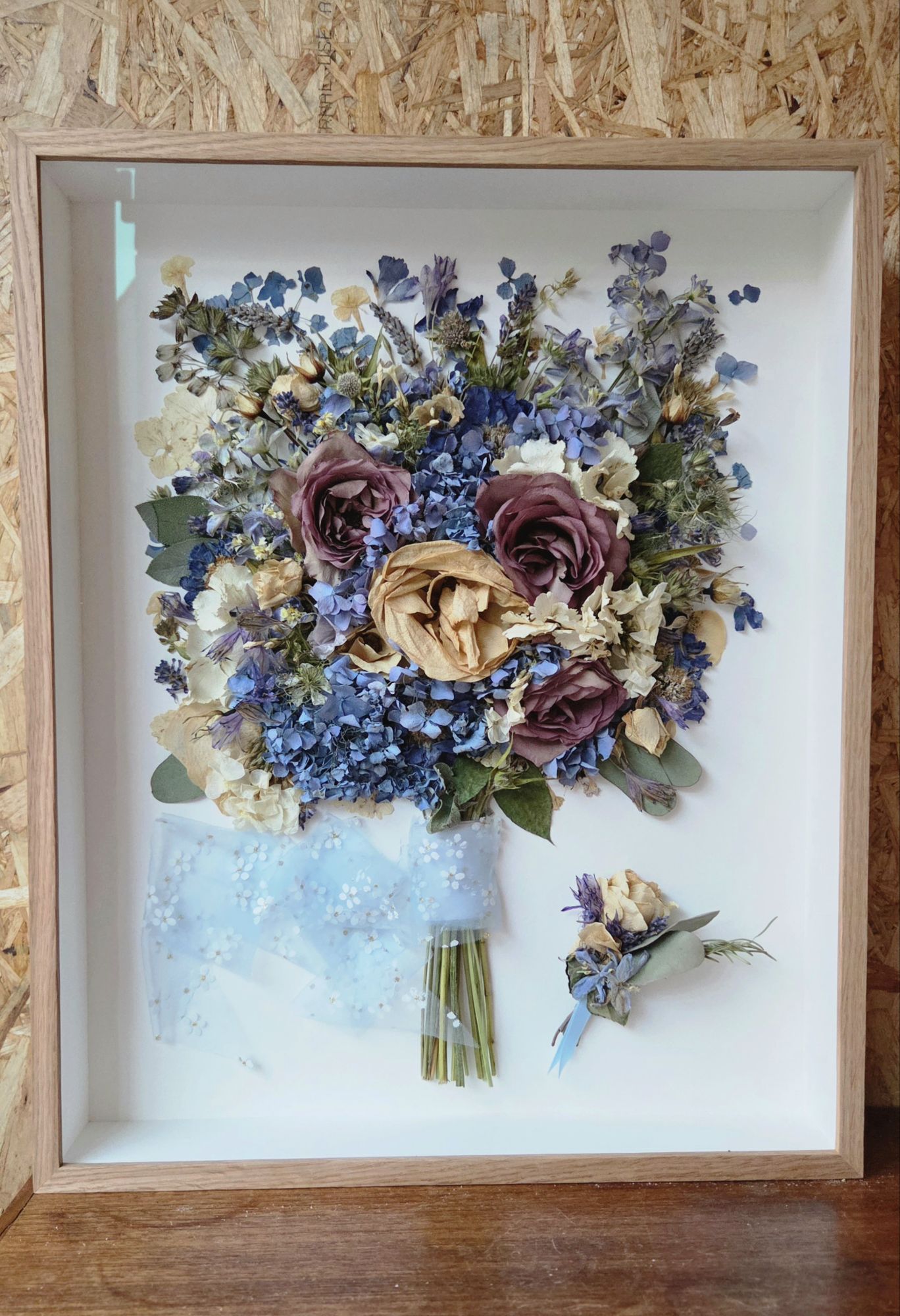 Flower preservation frame, 3D and pressed wedding flowers in a bespoke frame, made by The Honey Seeker Floral Design in Somerset, UK